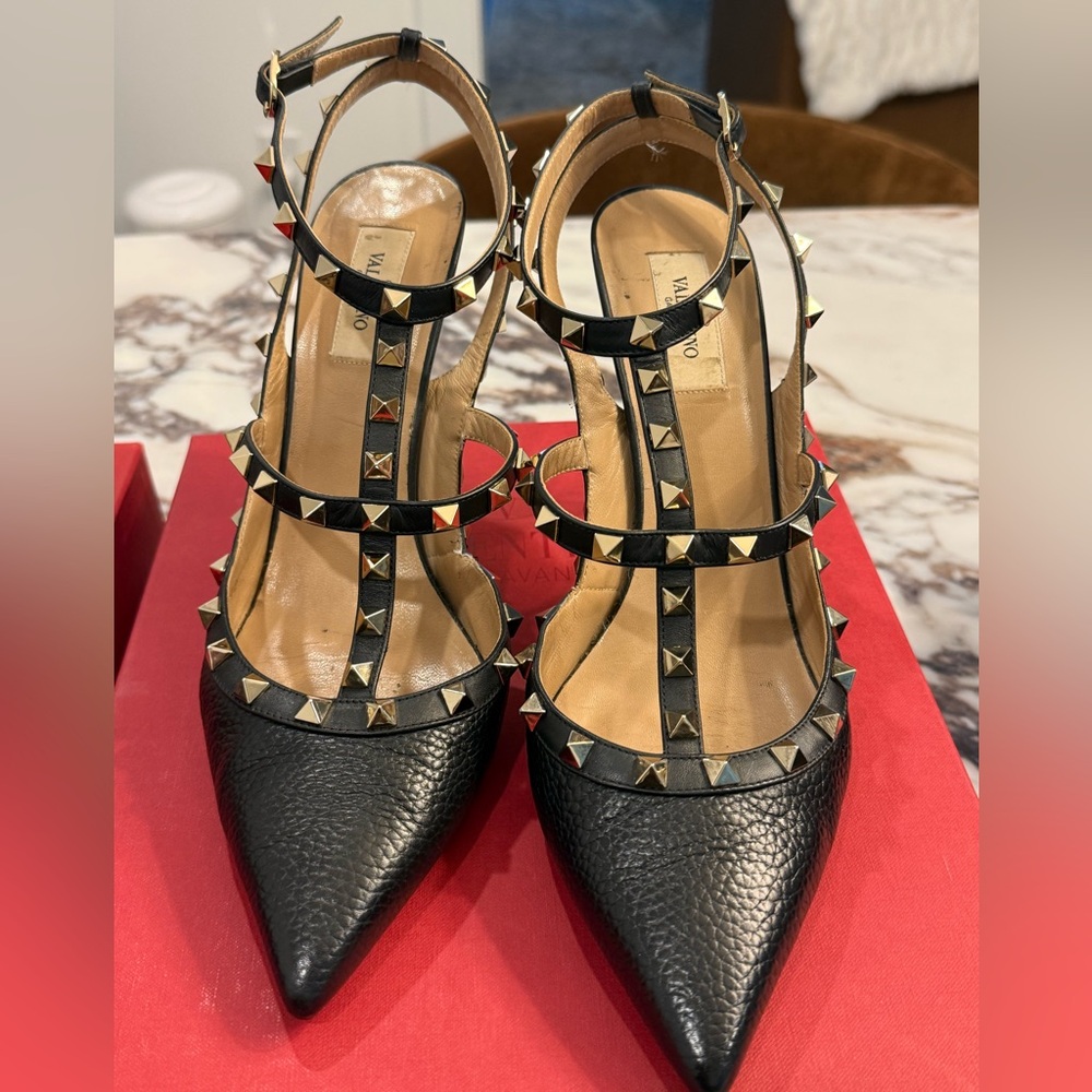 Valentino Black Leather Pointed-Toe T-Strap Rockstud Pumps
